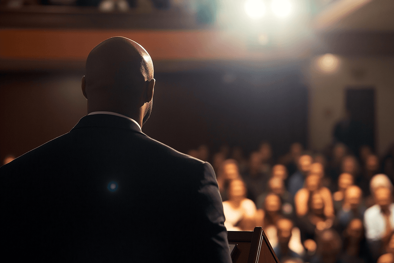 Picture of a man at a podium giving a motivational speech 